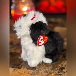 🐶 TY Beanie Baby “Poofie” Dog (2001) – Black & White Plush w/ Tag